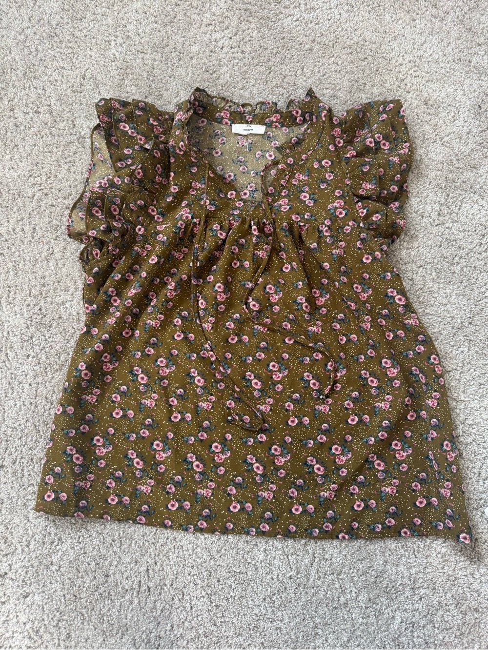Entro Romantic Olive Floral Tie-Neck Ruffle Blouse with Pink Flowers